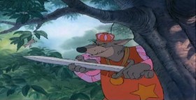 Robin Hood and Little John walkin' through the forest,
Laughin' back and forth at what the other'n has to say.
Reminiscin' this 'n' that and havin' such a good time,
Oo-de-lally, oo-de-lally, Golly, what a day!

Never ever thinkin' there was danger in the water
They were drinkin'
They just guzzled it down
Never dreamin' that a schemin' sheriff and his posse
Was a-watchin' them and gatherin' around.

Robin Hood and Little John runnin' through the forest,
Jumpin' fences, dodgin' trees and tryin' to get away.
Contemplatin' nothin' but escapin' and finally makin' it
Oo-de-lally, oo-de-lally, Golly, what a day!
Oo-de-lally, oo-de-lally, Golly, what a day!