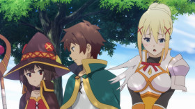 <b>Kazuma:</b> - If you need to go to the bathroom, let us know!
<b>Aqua:</b> - Arch priests don't go to the bathroom!
<b>Megumin:</b> - It sounds like she's doing fine. By the way, crimson demons don't go to the bathroom, either.
<b>Kazuma:</b> - Did you used to be idols or something?
<b>Darkness:</b> - M-Me, neither. I'm a crusader, so I don't... I don't...
<b>Kazuma:</b> - Darkness, don't try so hard to deny it.